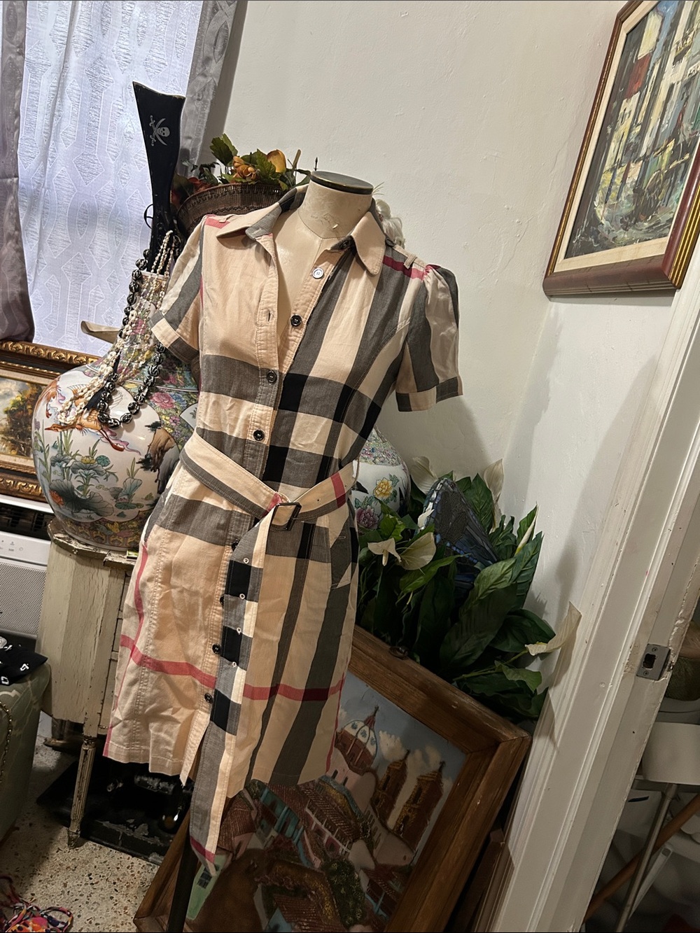 Burberry Beige Plaid Button-Front Dress with Belt